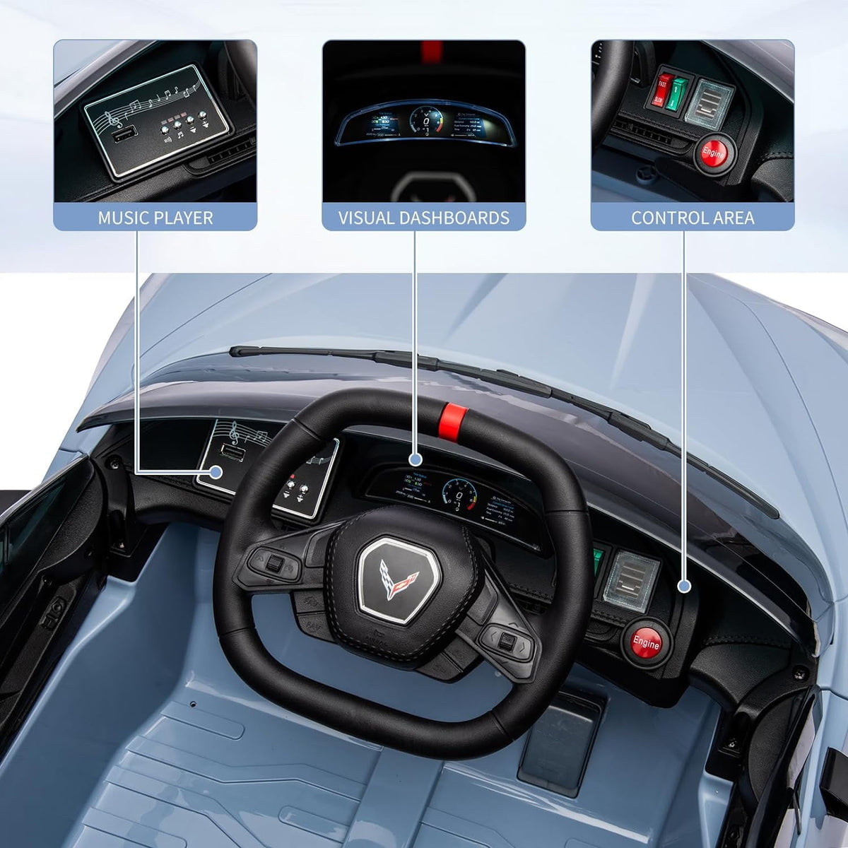 12V Licensed Corvette C8 Ride-On Electric Sports Car, Dual 30W Motors, Remote Control, LED Lights, Music, Openable Doors, 66 lbs
