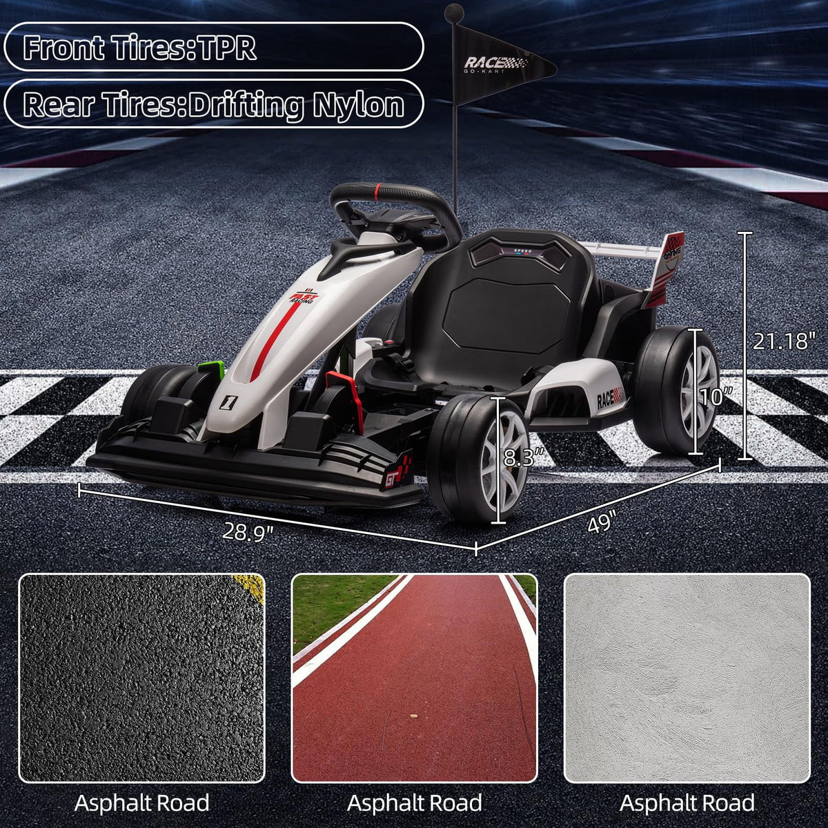 24V Kids Ride-On Go Kart, 7.5MPH High-Speed Drifting Car, Dual 200W Motors, 7Ah Battery, Adjustable Length, Max Load 135lbs, Power Display Racing Toy for Children 6+, Green
