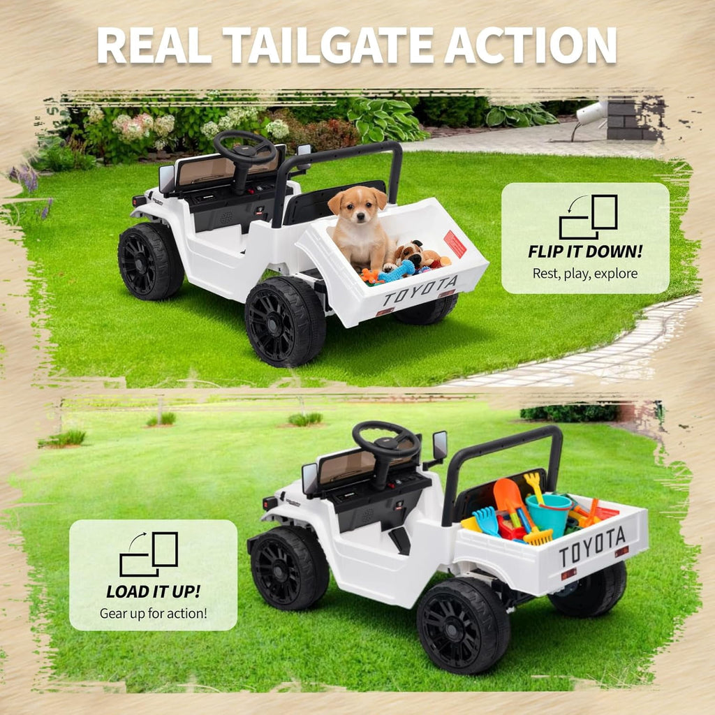 12V Licensed Toyota Ride-On Pickup Truck, Electric Ride-On Car with Remote Control, Lift-Up Dump Bed, Suspension, Bluetooth, Music, 3.73 MPH