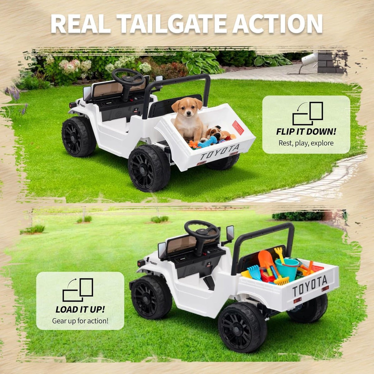 12V Licensed Toyota Ride-On Pickup Truck, Electric Ride-On Car with Remote Control, Lift-Up Dump Bed, Suspension, Bluetooth, Music, 3.73 MPH