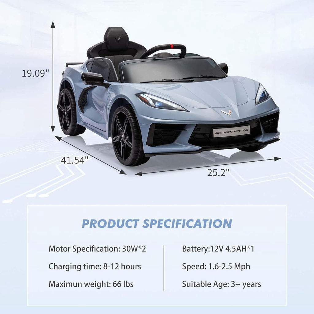 12V Licensed Corvette C8 Ride-On Electric Sports Car, Dual 30W Motors, Remote Control, LED Lights, Music, Openable Doors, 66 lbs