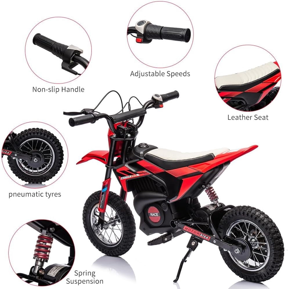 24V Electric Dirt Bike, 250W Brushed Motor, 13.6 MPH Max Speed, Chain Drive System, Disc Brake, Metal Spring Suspension, 12.6 Inch Pneumatic Tires, Leather Seat, 138 LBS Max Load,Blue