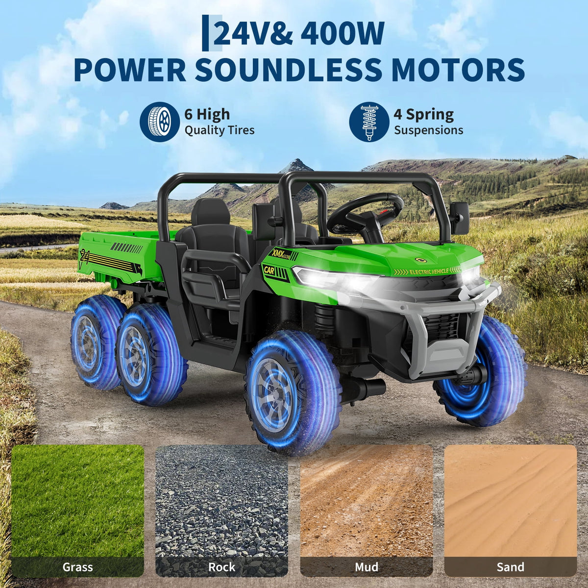 24V 2-Seater 6-Wheel Electric Dump Truck Ride-On for Kids – 4WD UTV Car, Remote Control, Electric Dump Bed, Music, Horn, Industry Standard/CPSIA Certified, Power Ride-On Toy for Boys & Girls