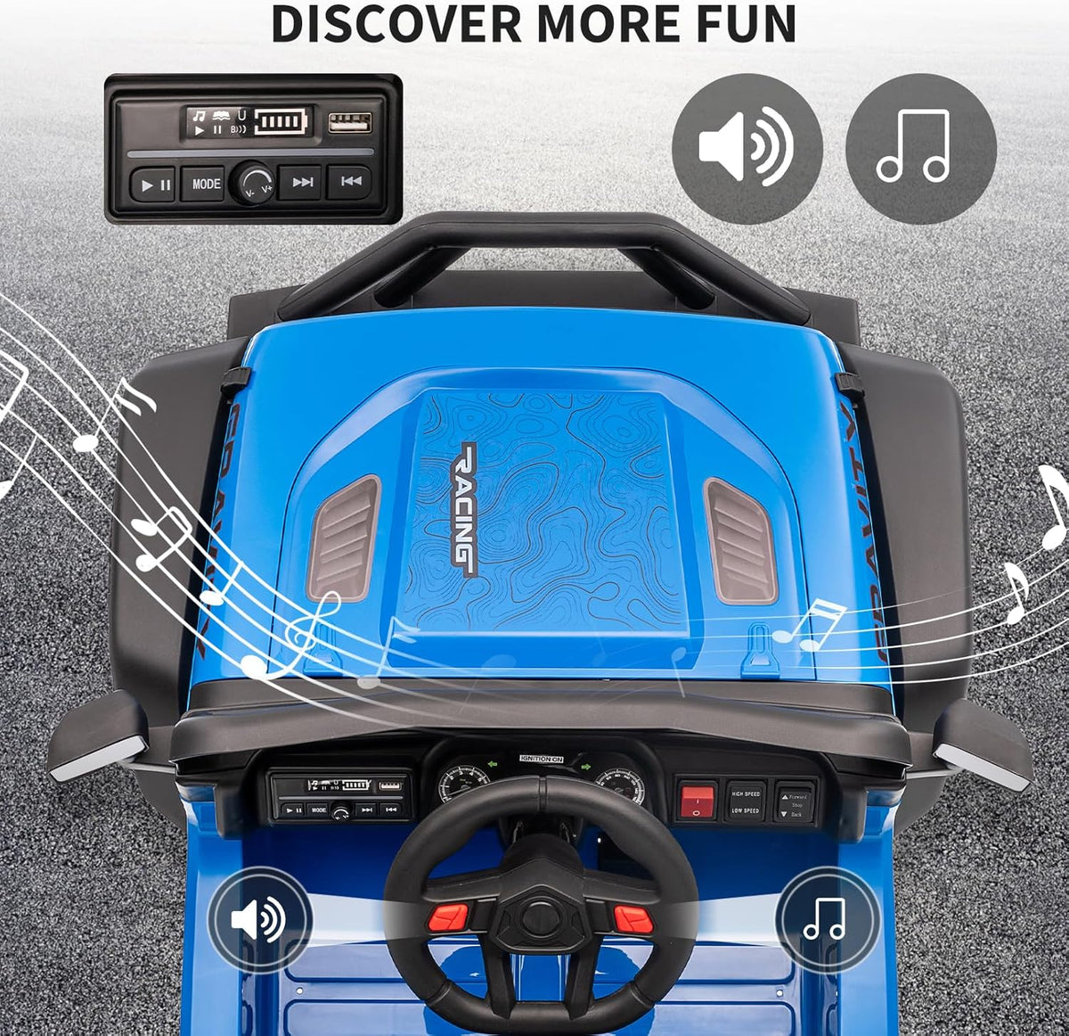 12V Ride-On Electric Car with Remote Control, Extra-Wide 13" Seat, 3 Speeds, 1.6-4.1 MPH, LED Lights, Music, USB, Safety Belt