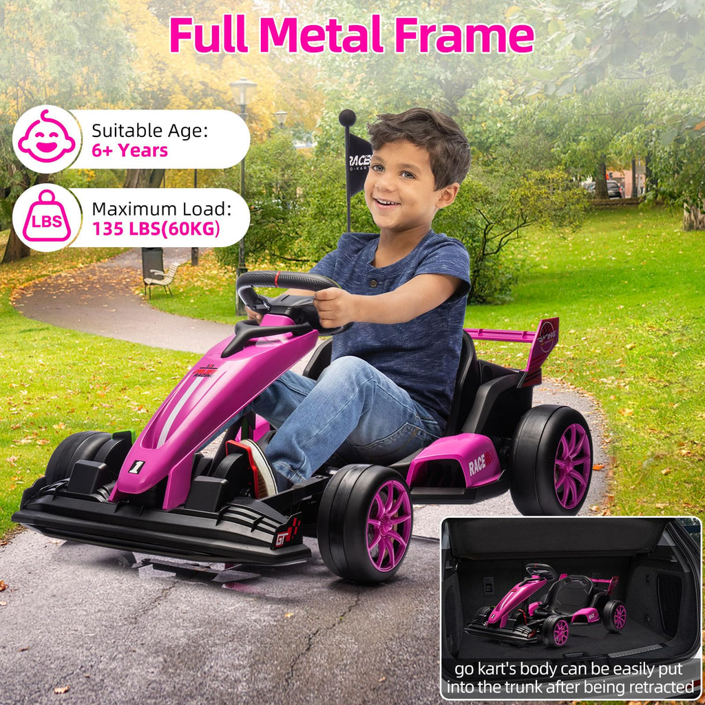 24V Kids Ride-On Go Kart, 7.5MPH High-Speed Drifting Car, Dual 200W Motors, 7Ah Battery, Adjustable Length, Max Load 135lbs, Power Display Racing Toy for Children 6+, Green