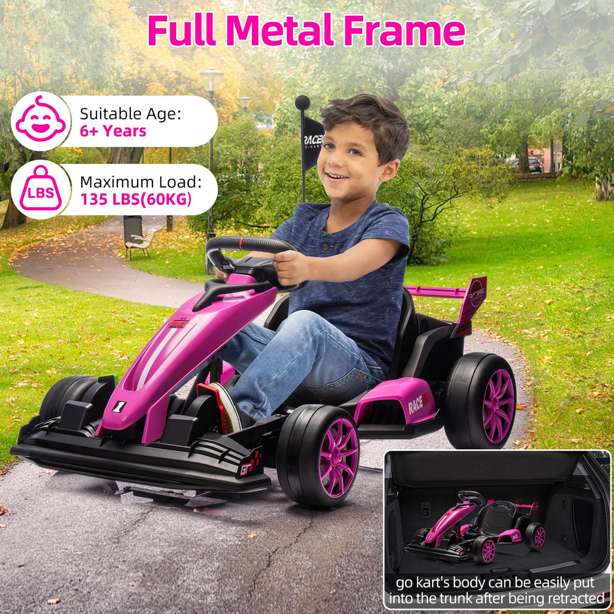 24V Kids Ride-On Go Kart, 7.5MPH High-Speed Drifting Car, Dual 200W Motors, 7Ah Battery, Adjustable Length, Max Load 135lbs, Power Display Racing Toy for Children 6+, Green