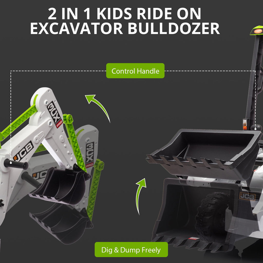 4 in 1 Ride on Excavator & Bulldozer, 12V Kids Electric Vehicle with Remote Control, Front Loader, Digger, Horn, Adjustable Seat, Excavator Ride on Car Toy, White