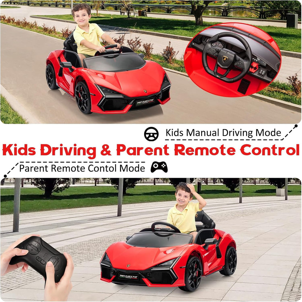 12V Licensed Lamborghini Revuelto Ride-On Electric Sports Car, Dual 25W Motors, Remote Control, Bluetooth, LED Headlights, Music, 1-2 MPH
