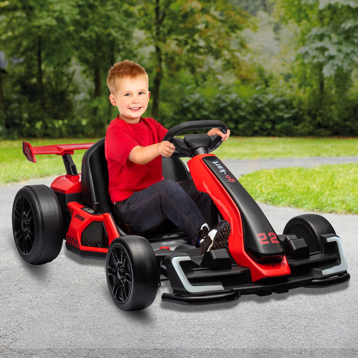 24V Kids Electric Go Kart, 300W Drift Ride-On Car with Dual 150W Motors - Adjustable Seat, 4 Speed Modes, 8.5mph Max, LED Lights, Music & Horn, Safety Belt, Outdoor Racing Toy - Red