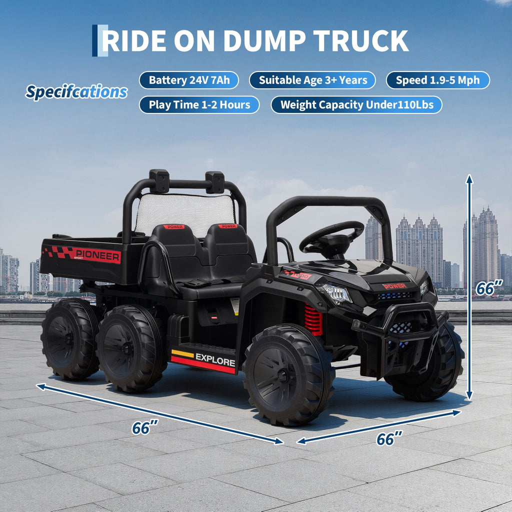 24V 4WD 2-Seater Kids Electric Ride-On Dump Truck – Remote Control, Working Dump Bed, 3 Speed Modes, Music Player, All-Terrain Off-Road Vehicle Toy for Boys & Girls Ages 3-8, Green
