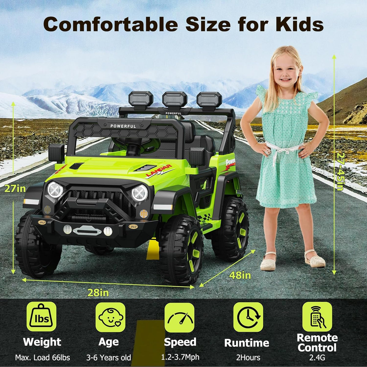 12V Ride-On Truck Car, 7Ah Battery, Parent Remote Control, 3 Speeds Up to 3.7 MPH, Soft Start, LED Lights, Bluetooth, USB, AUX, MP3, 66 Lbs