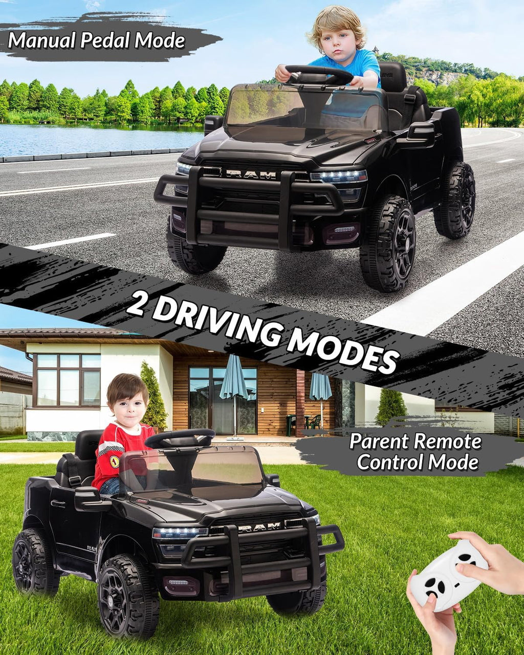 12V Licensed RAM Ride-On Pickup Truck, Electric Ride-On Car with Remote Control, 4-Wheel Suspension, Double Doors, LED Lights, Music, USB & AUX
