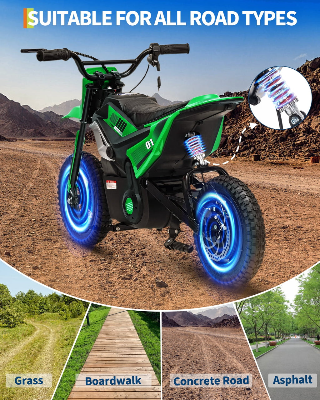 24V Kids Electric Dirt Bike, 350W Battery Powered Motorcycle with 12 Inch Fat Tires Rear Suspension Twist Throttle for Teens