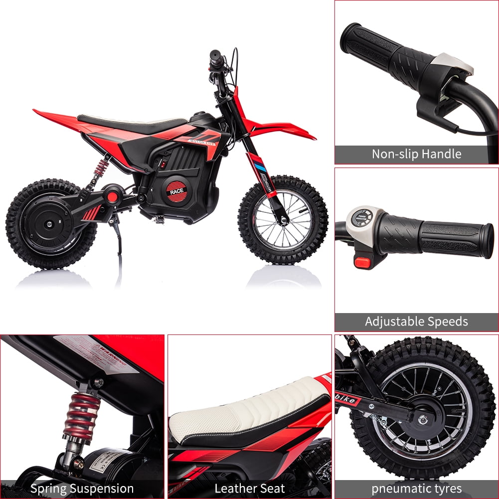 High-Speed 24V 250W Electric Off-Road Motorcycle – 13.6MPH Dirt Bike for Kids & Teens, Leather Seat, Disc Brake, Chain Drive, Air Tires, Twist Throttle, Ages 8-13, Red