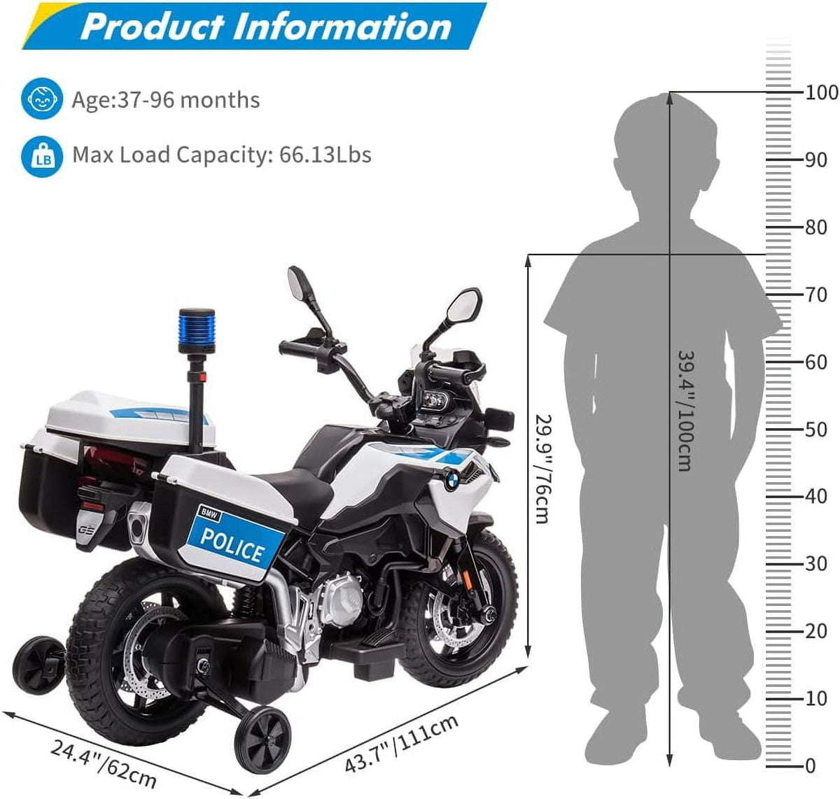 Licensed Electric Police Motorcycle Ride-On, 12V, Dual Motors, 2 Speeds, LED Lights, Spring Suspension, MP3, Training Wheels, for Ages 3-8,Police car