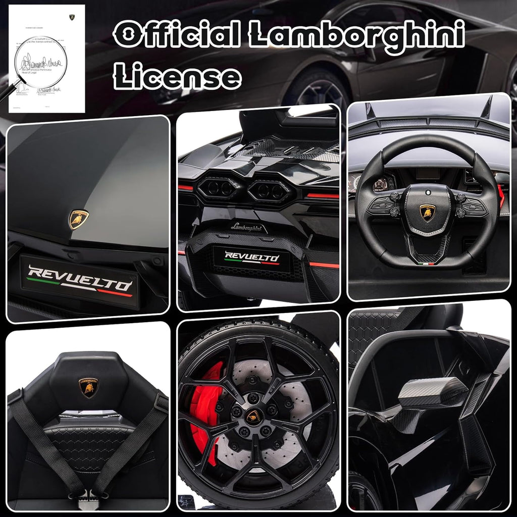 12V Licensed Lamborghini Revuelto Ride-On Electric Sports Car, Dual 25W Motors, Remote Control, Bluetooth, LED Headlights, Music, 1-2 MPH