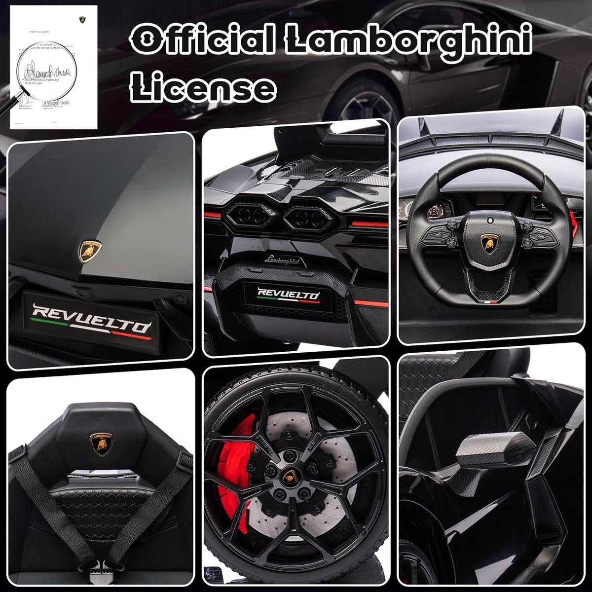 12V Licensed Lamborghini Revuelto Ride-On Electric Sports Car, Dual 25W Motors, Remote Control, Bluetooth, LED Headlights, Music, 1-2 MPH