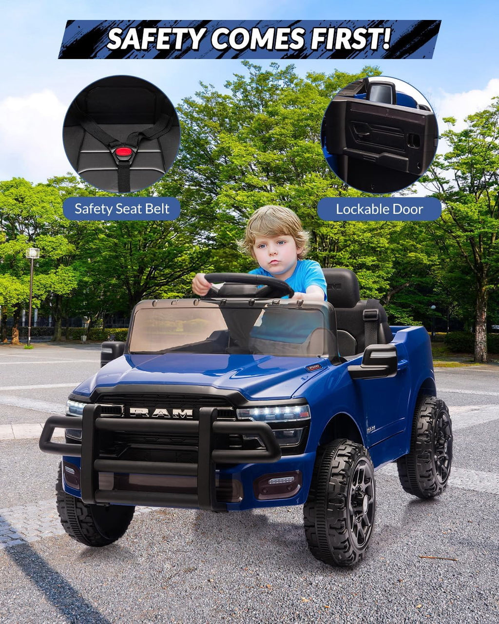 12V Licensed RAM Ride-On Pickup Truck, Electric Ride-On Car with Remote Control, 4-Wheel Suspension, Double Doors, LED Lights, Music, USB & AUX