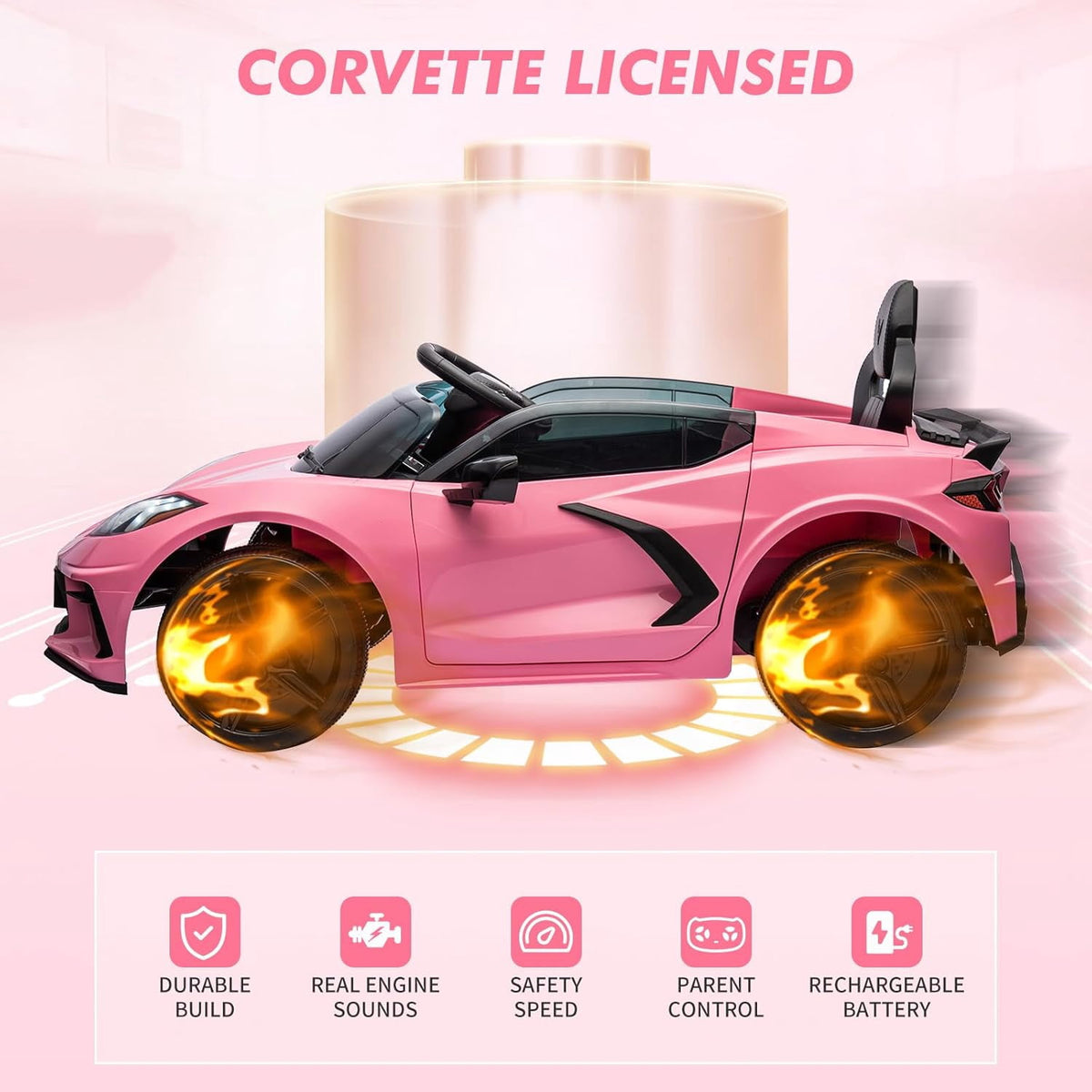 12V Licensed Corvette C8 Ride-On Electric Sports Car, Dual 30W Motors, Remote Control, LED Lights, Music, Openable Doors, 66 lbs