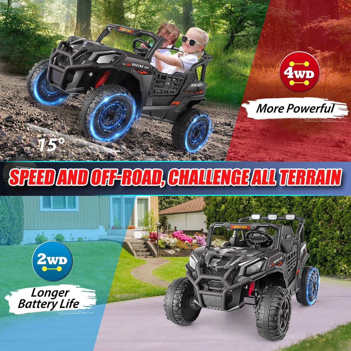 Funcid 24V Ride on Toys 4WD Ride on Cars with Remote Control, 2 XL Seater Electric Car for Kids, Power Car Wheels, UTV w/ 4*200W Motor, Bluetooth, Music, Lights, 3 Speeds, Black