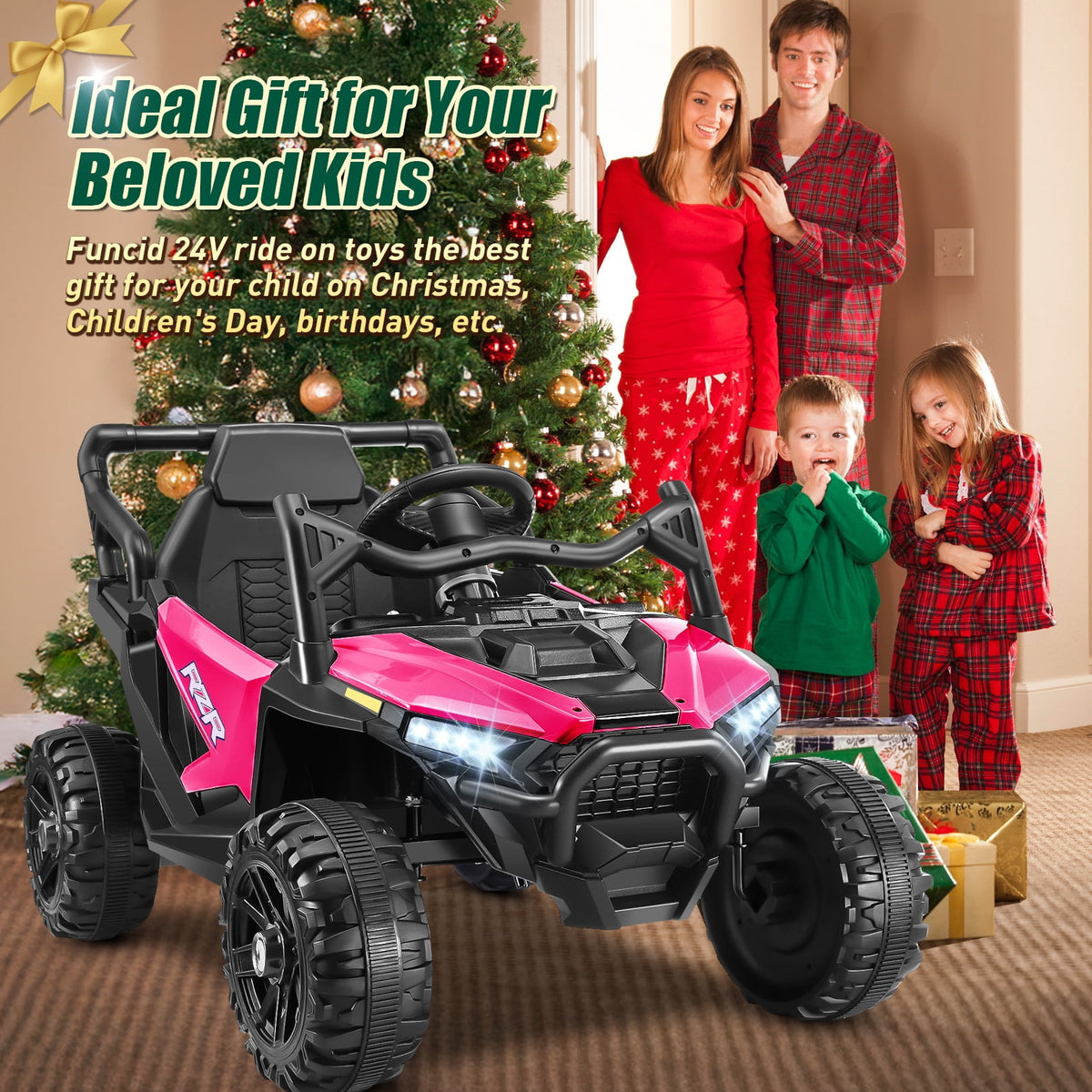 Funcid 24 Volt Ride on Toys with Remote Control & Battery Indicator, 400W Ride on UTV, Electric Car for Kids w/ Bluetooth, Music, LED Lights, Volume Adjustment Knob, 3 Speeds, Pink