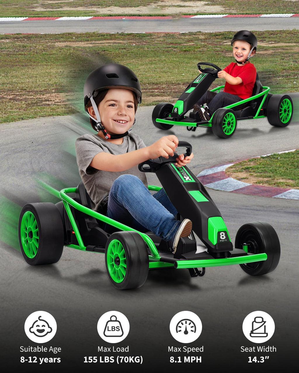 24V Electric Go Kart for Kids 8-12 - Dual 300W Motors, 9Ah Battery, 8MPH High-Speed Drifting, Slow Start, Full Metal Frame, Music, Horn, Power Display, Max Load 155Lbs, Ride-On Toy - Brown