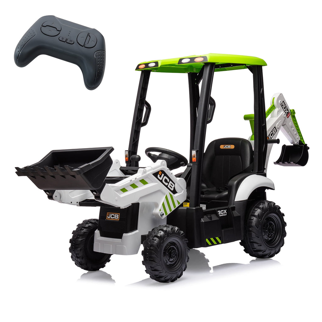 4 in 1 Ride on Excavator & Bulldozer, 12V Kids Electric Vehicle with Remote Control, Front Loader, Digger, Horn, Adjustable Seat, Excavator Ride on Car Toy, White