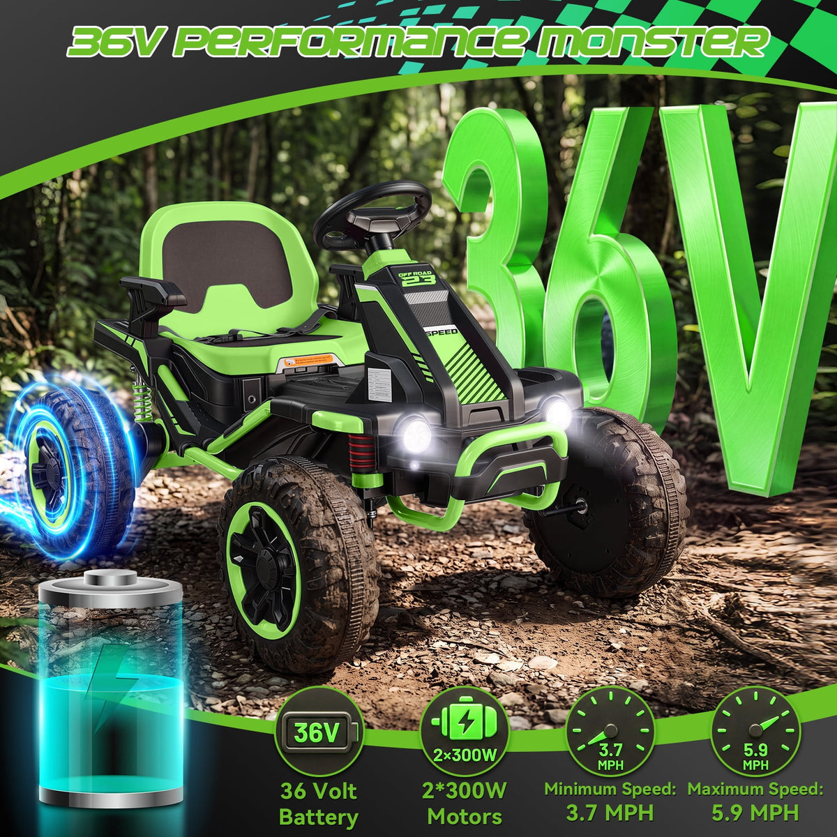 VIBESPARK 36V Ride on Toys for Big Kids Ages 6-12, 600W Ride on Cars up to 5.9 mph, Powerful 4 Wheeler Quad, Ride on ATV W/ Adjustable Seat, Ball-bearing Design, Power Display, Light Control, Blue