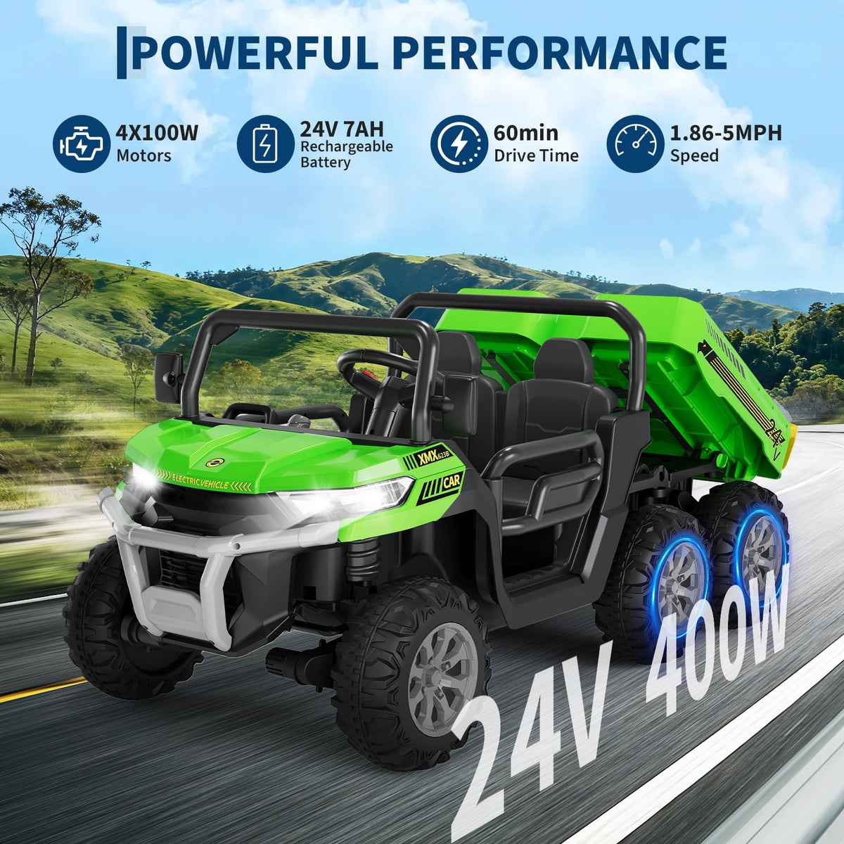 24V 2-Seater 6-Wheel Electric Dump Truck Ride-On for Kids – 4WD UTV Car, Remote Control, Electric Dump Bed, Music, Horn, Industry Standard/CPSIA Certified, Power Ride-On Toy for Boys & Girls