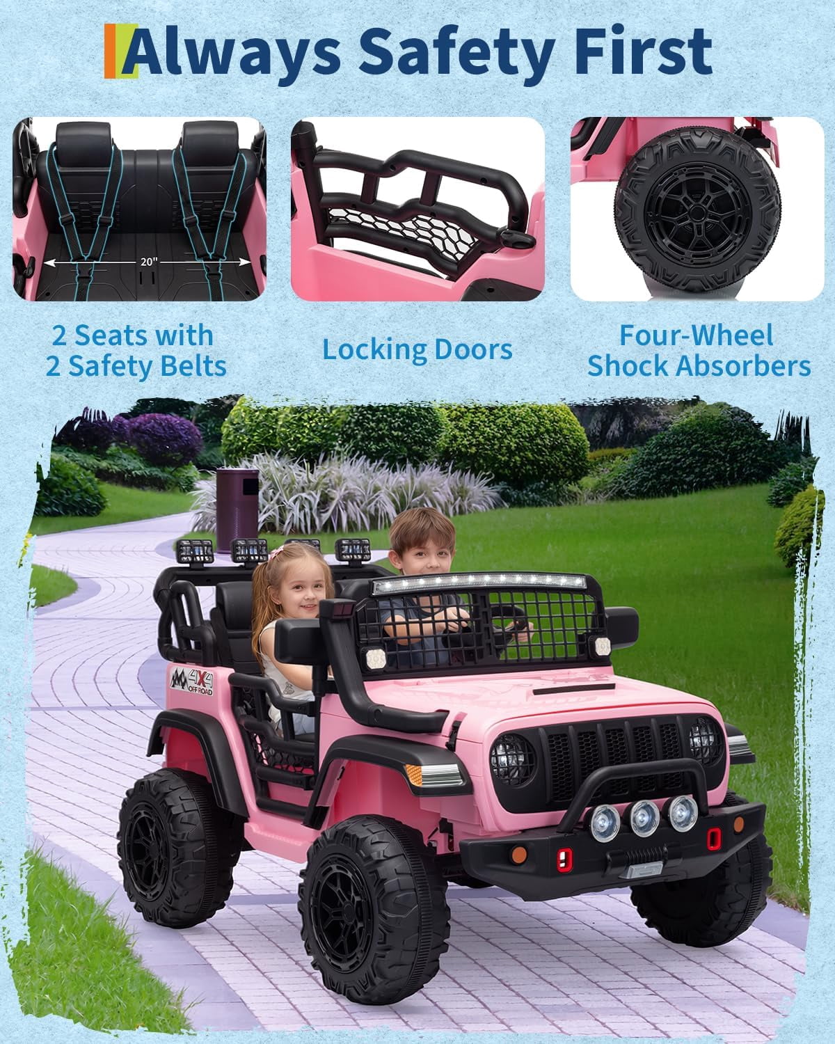 24V 2-Seater Electric Ride-On Car, 2x200W Motors, Parent Remote Control, 4-Wheel Shock Absorbers, 1.8-4 MPH, Bluetooth, LED Lights, 132 Lbs