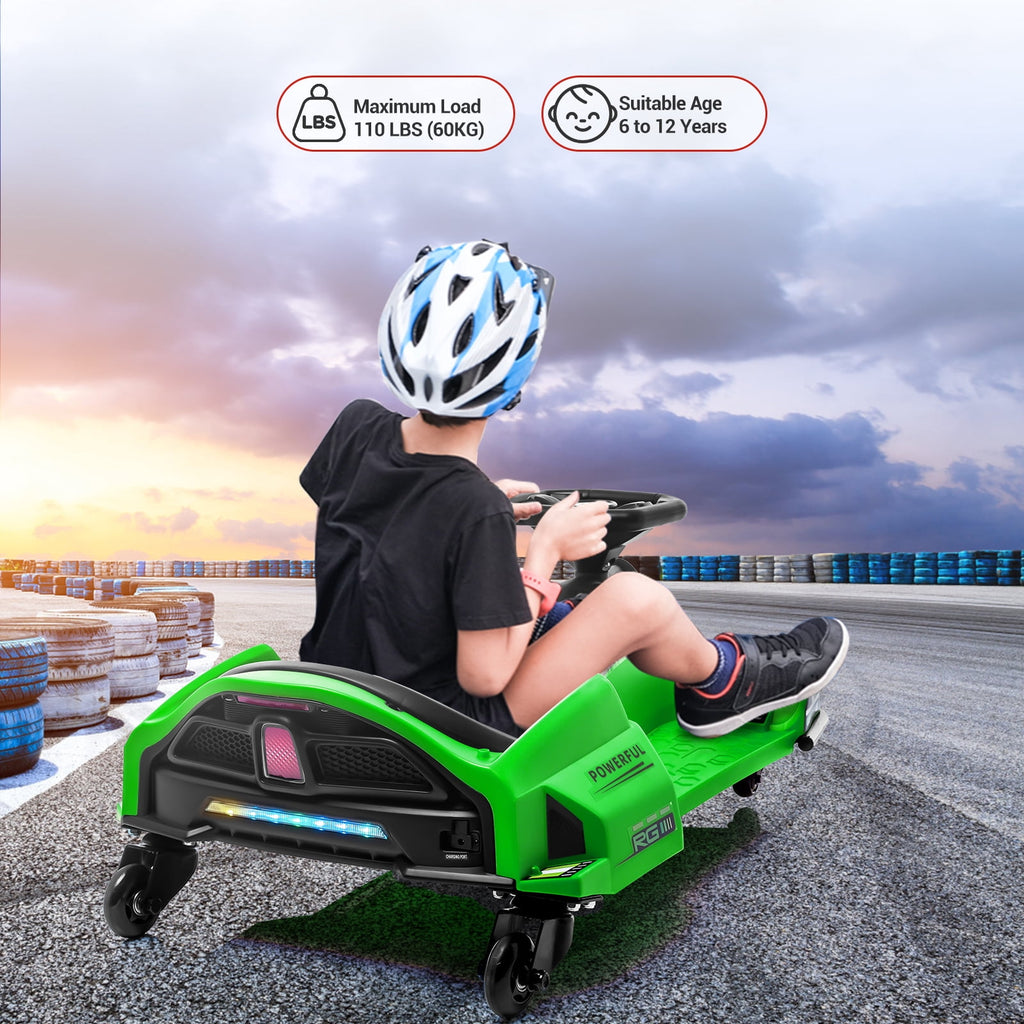 Ride On Drift Kart, Go Kart, Electric Go Kart 24V Drift Kart - 180W Brushless Motor, 7.5 mph Variable Speed, LED Light, Soft Start Battery Powered for Kids 8-12