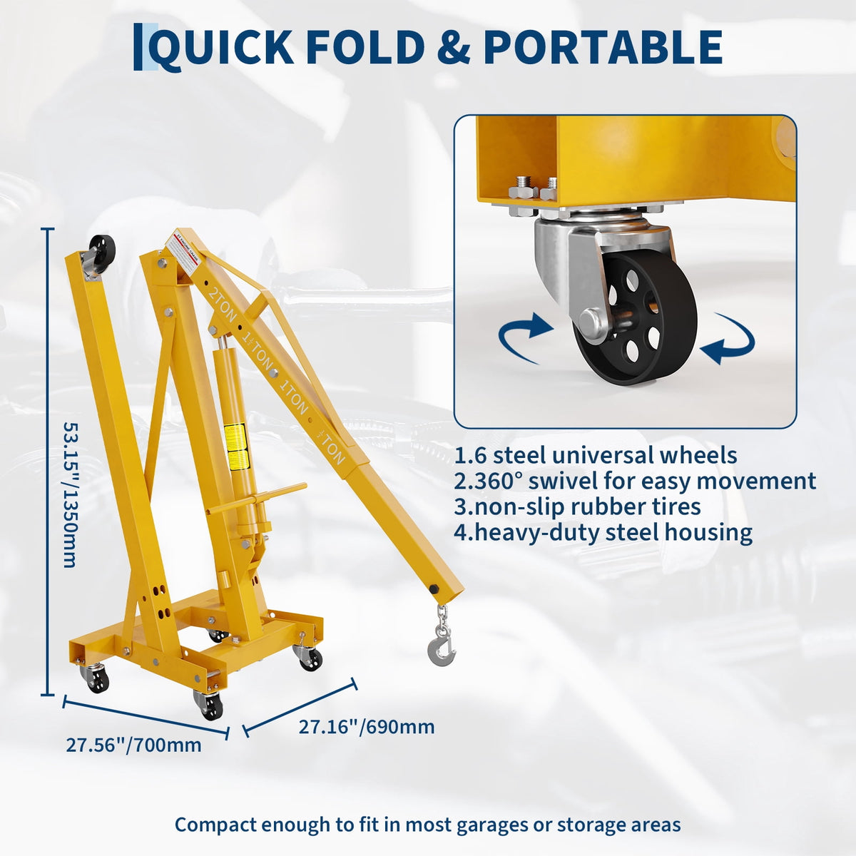 2 Ton Folding Hydraulic Engine Hoist & 3/4 Ton Underhoist Support Stand Set – Heavy Duty Steel Shop Crane, 4-Position Boom, High Reach for Automotive Engine Work, Orange (RAL2004)