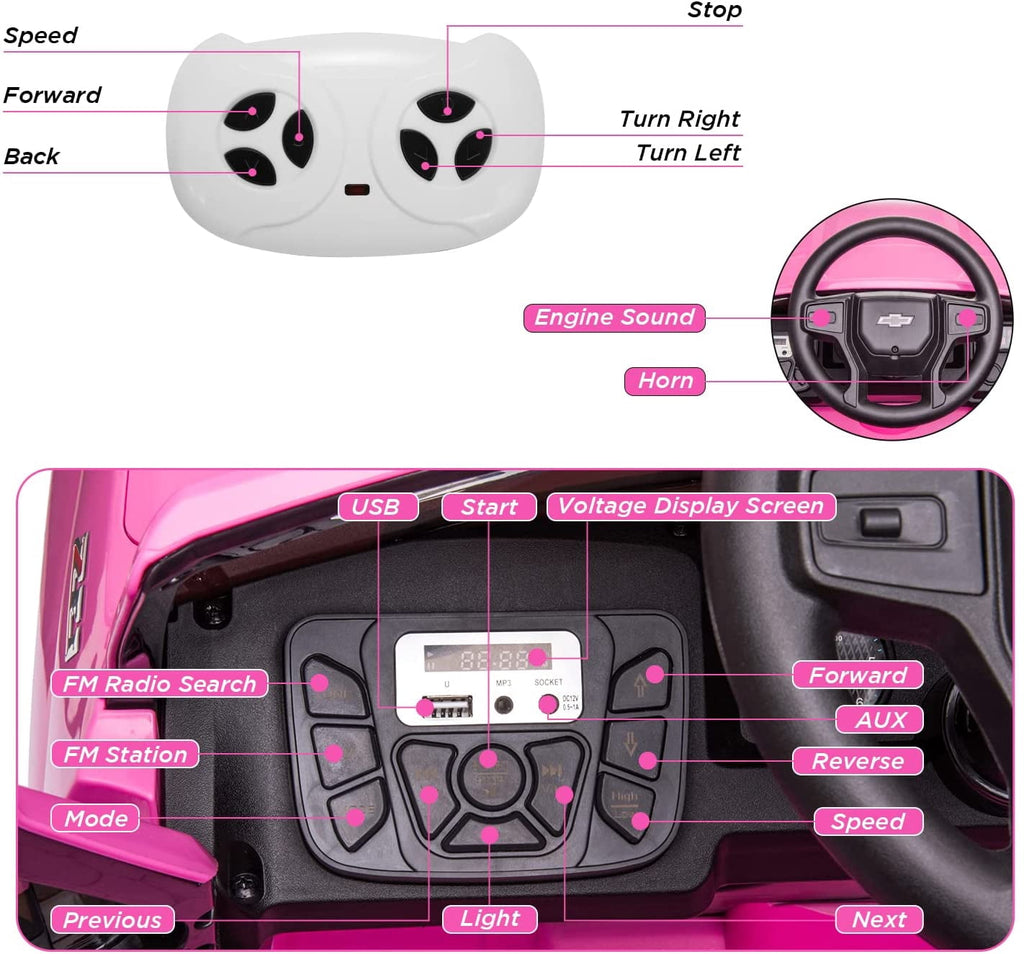 Kids Ride on Vehicle with Remote Control for 3-8 Years Toys,12V Licensed Chevrolet Silverado GMC Powered Wheels Electric Car, MP3 Music,FM Radio, Spring Suspension, LED Light,Pink