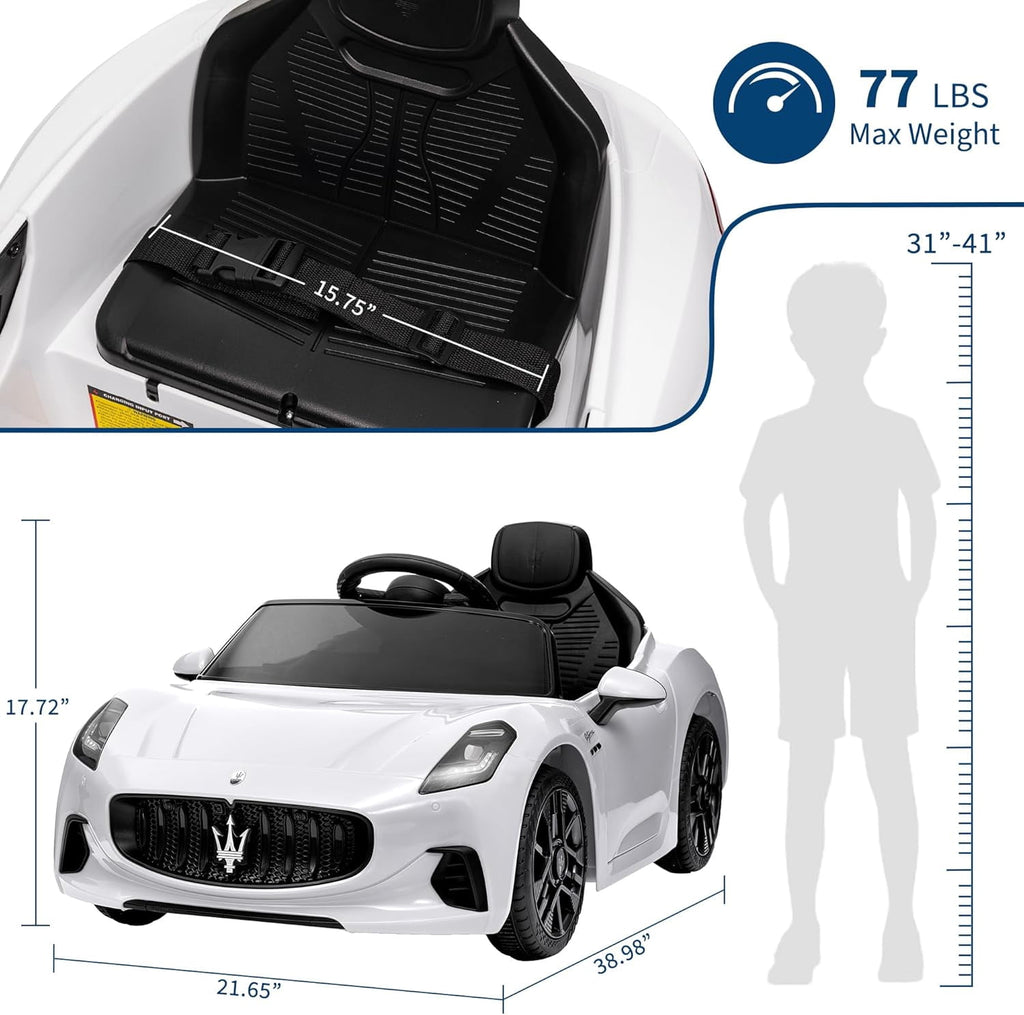 12V Licensed Maserati Ride-On Electric Car, Remote Control, 4.5Ah Battery, LED Lights, Spring Suspension, Double Doors, USB, FM Radio, 2-3 MPH