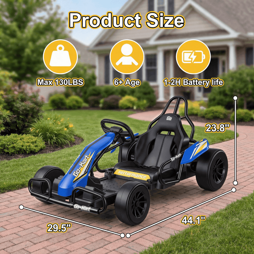 VIBESPARK Drift Go Kart, 24V 10AH Electric Go Kart for Kids Ages 6-14, 360° Drift Mode, Ride On Car with Backrest & Adjustable Seat, 300W Dual Motors, Max Speed 7.5mph/h, Blue