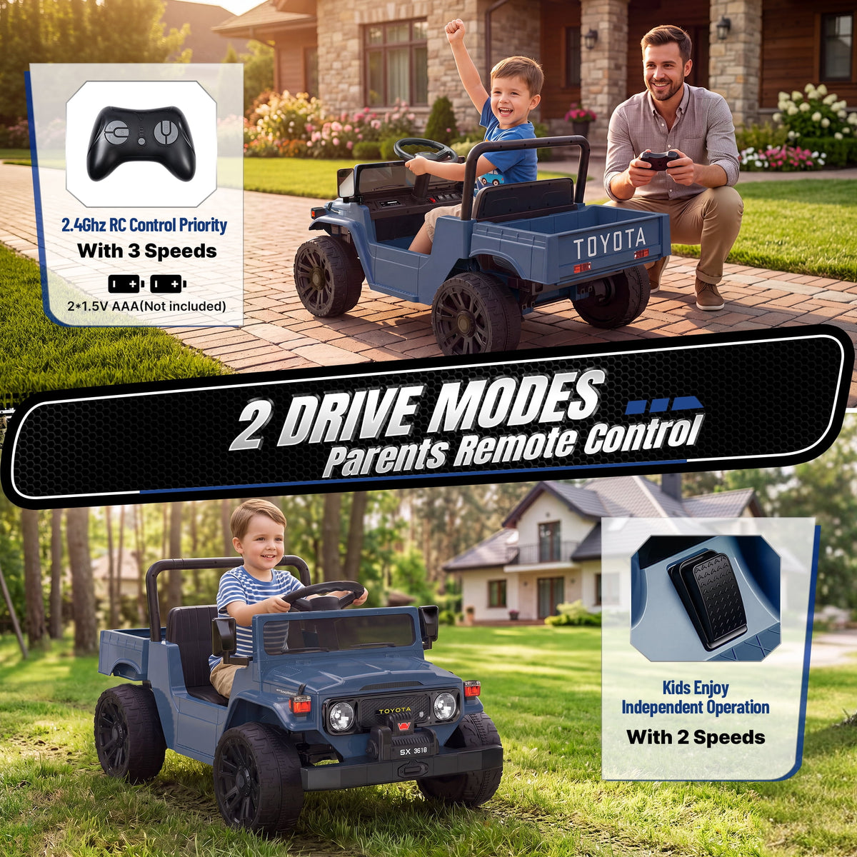 24V Ride On Dump Truck for Kids, Licensed Toyota Land Cruiser FJ45 Power Car Wheels Ride On Toy with Electric Dump Bed, Parent Remote Control, Music, LED Lights, Birthday Gift for Kids Ages 3-6, Blue