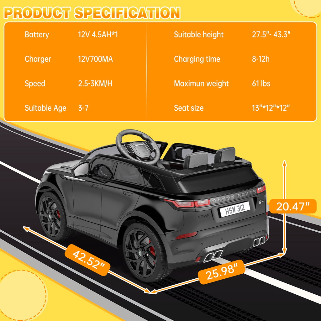 Licensed Land Rover 12V Kids Ride-On Electric Car – Remote Control, MP3, Rocking Mode, Pull Rod, Battery Powered Vehicle for Ages 4-8 – Toy Gift for Boys & Girls, Black