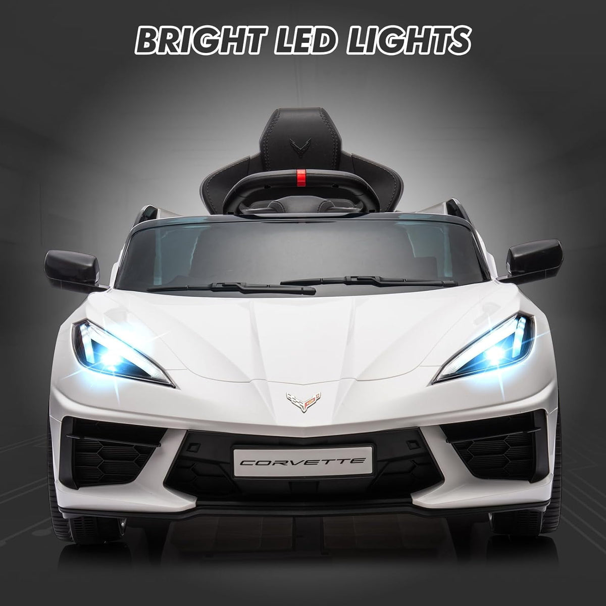 12V Licensed Corvette C8 Ride-On Electric Sports Car, Dual 30W Motors, Remote Control, LED Lights, Music, Openable Doors, 66 lbs