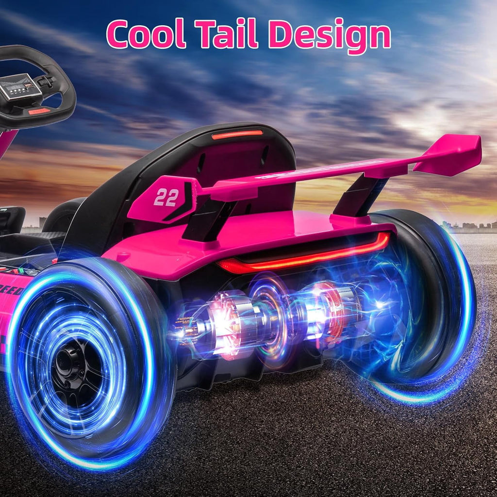 24V Electric Drift Go Kart, Dual 300W Motor Racing Car with Drift & Sport Modes, Adjustable Length, LED Lights, EVA Tires, Up to 8.5MPH, Outdoor Ride On Racing Kart,Rose Red