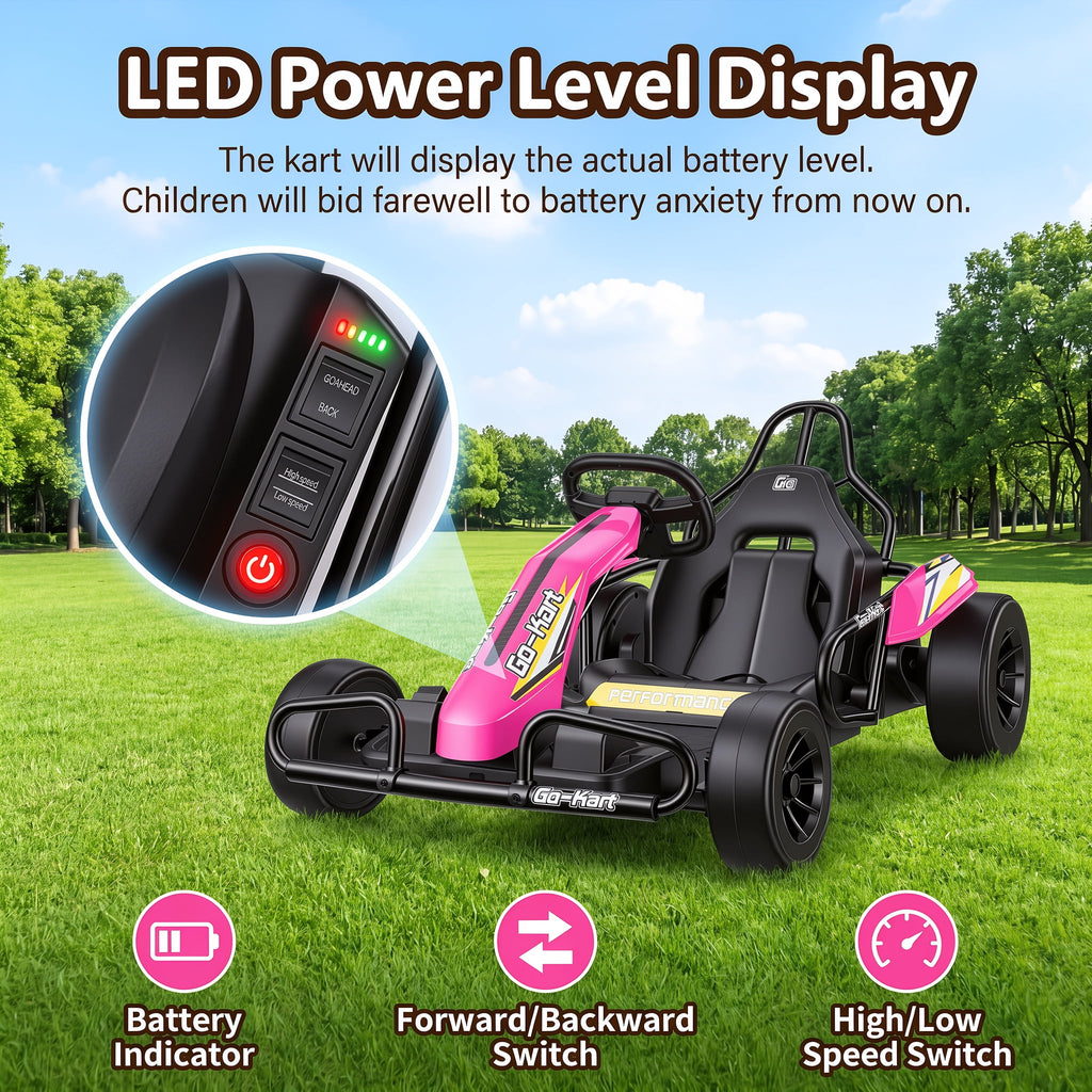 Funcid 24V 10Ah Big Battery Go Kart for Kids Age 6-12, Ride on Toys with 600W Motors, 7.5 MPH Electric Go Kart W/ EVA Wheels, 4-Level Adjustable Seat & 360° Drift Mode, LED Power Display, Red