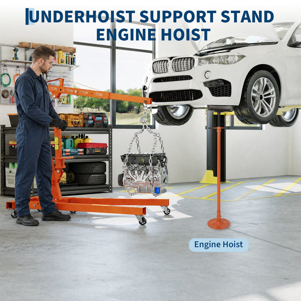2 Ton Folding Hydraulic Engine Hoist & 3/4 Ton Underhoist Support Stand Set – Heavy Duty Steel Shop Crane, 4-Position Boom, High Reach for Automotive Engine Work, Orange (RAL2004)