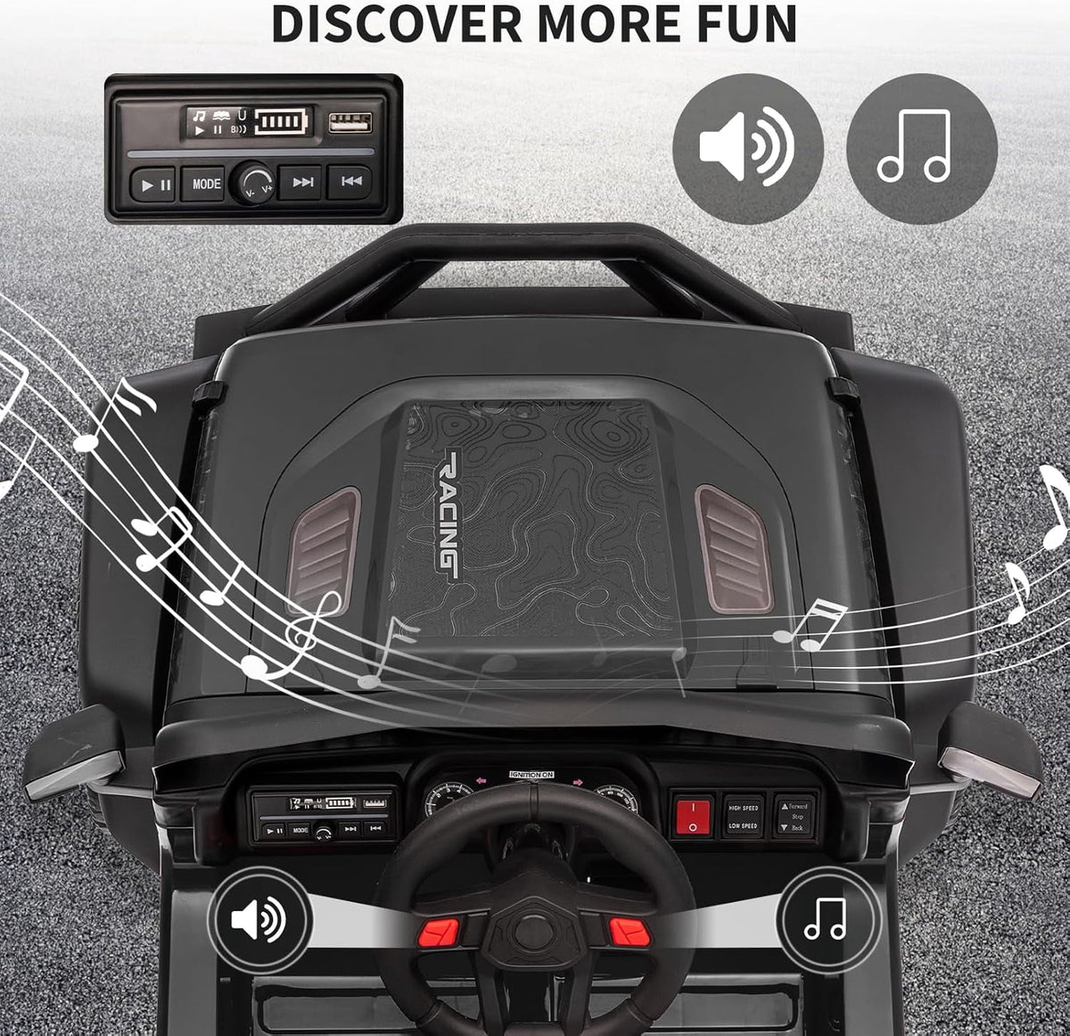 12V Ride-On Electric Car with Remote Control, Extra-Wide 13" Seat, 3 Speeds, 1.6-4.1 MPH, LED Lights, Music, USB, Safety Belt