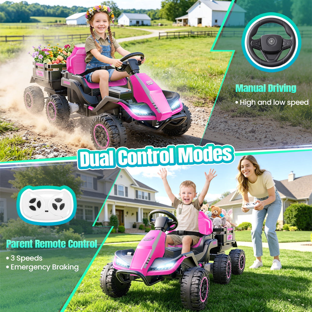 VIBESPARK 24V Ride on Toys with Remote Control, 3 in 1 Ride on Car, Ride on ATV for Kids with Trailer, 6 Wheel Kids Electric Car w/ Bluetooth, MP3, Music, Black