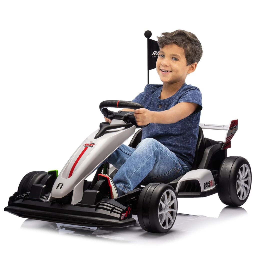 24V Kids Ride-On Go Kart, 7.5MPH High-Speed Drifting Car, Dual 200W Motors, 7Ah Battery, Adjustable Length, Max Load 135lbs, Power Display Racing Toy for Children 6+, Green