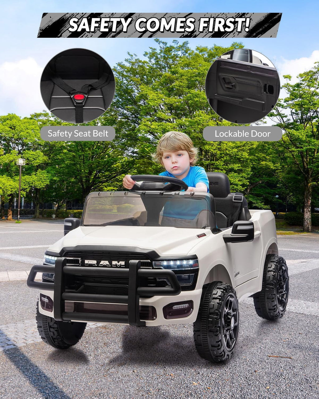 12V Licensed RAM Ride-On Pickup Truck, Electric Ride-On Car with Remote Control, 4-Wheel Suspension, Double Doors, LED Lights, Music, USB & AUX