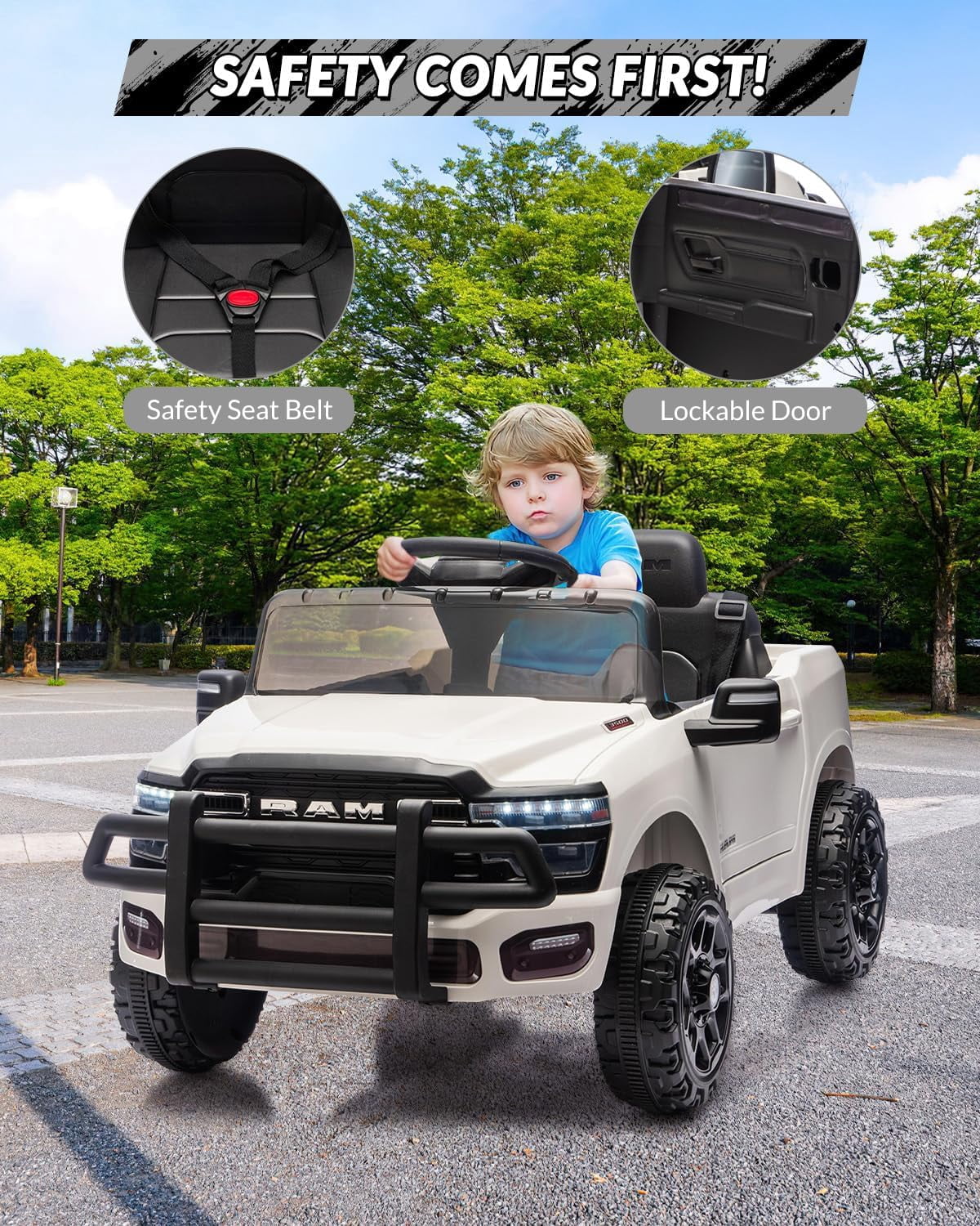 12V Licensed RAM Ride-On Pickup Truck, Electric Ride-On Car with Remote Control, 4-Wheel Suspension, Double Doors, LED Lights, Music, USB & AUX