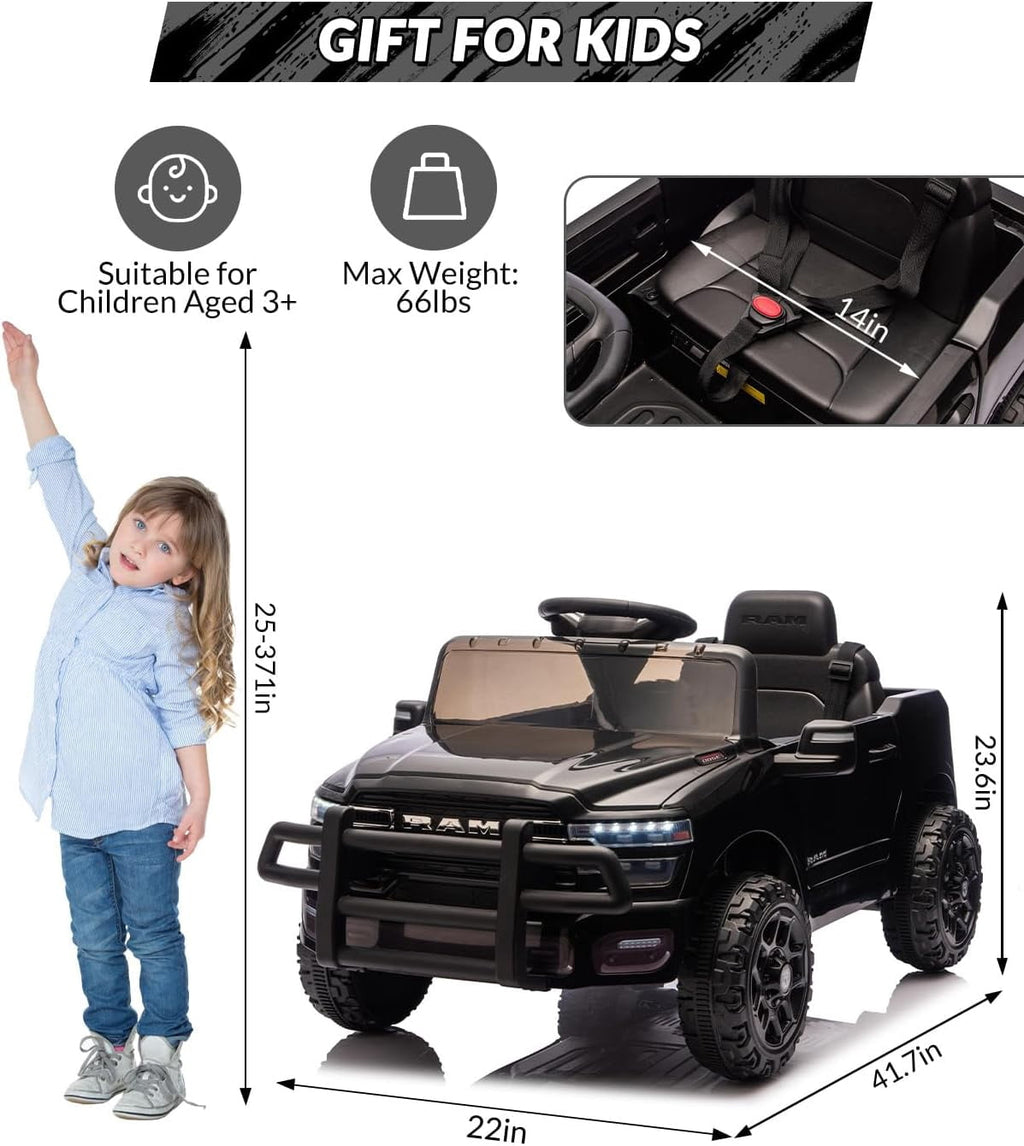 12V Licensed RAM Ride-On Pickup Truck, Electric Ride-On Car with Remote Control, 4-Wheel Suspension, Double Doors, LED Lights, Music, USB & AUX