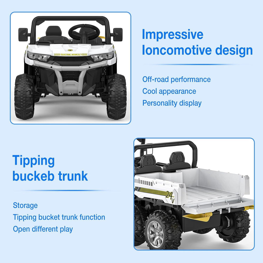 24V 4WD Electric Ride-On Dump Truck for , 2-Seater UTV with Remote Control, Bluetooth Music, Seatbelts, LED Lights, Mobile Phone Connectivity, Double Seat 6 Wheel Truck for Ages 3-8,Green