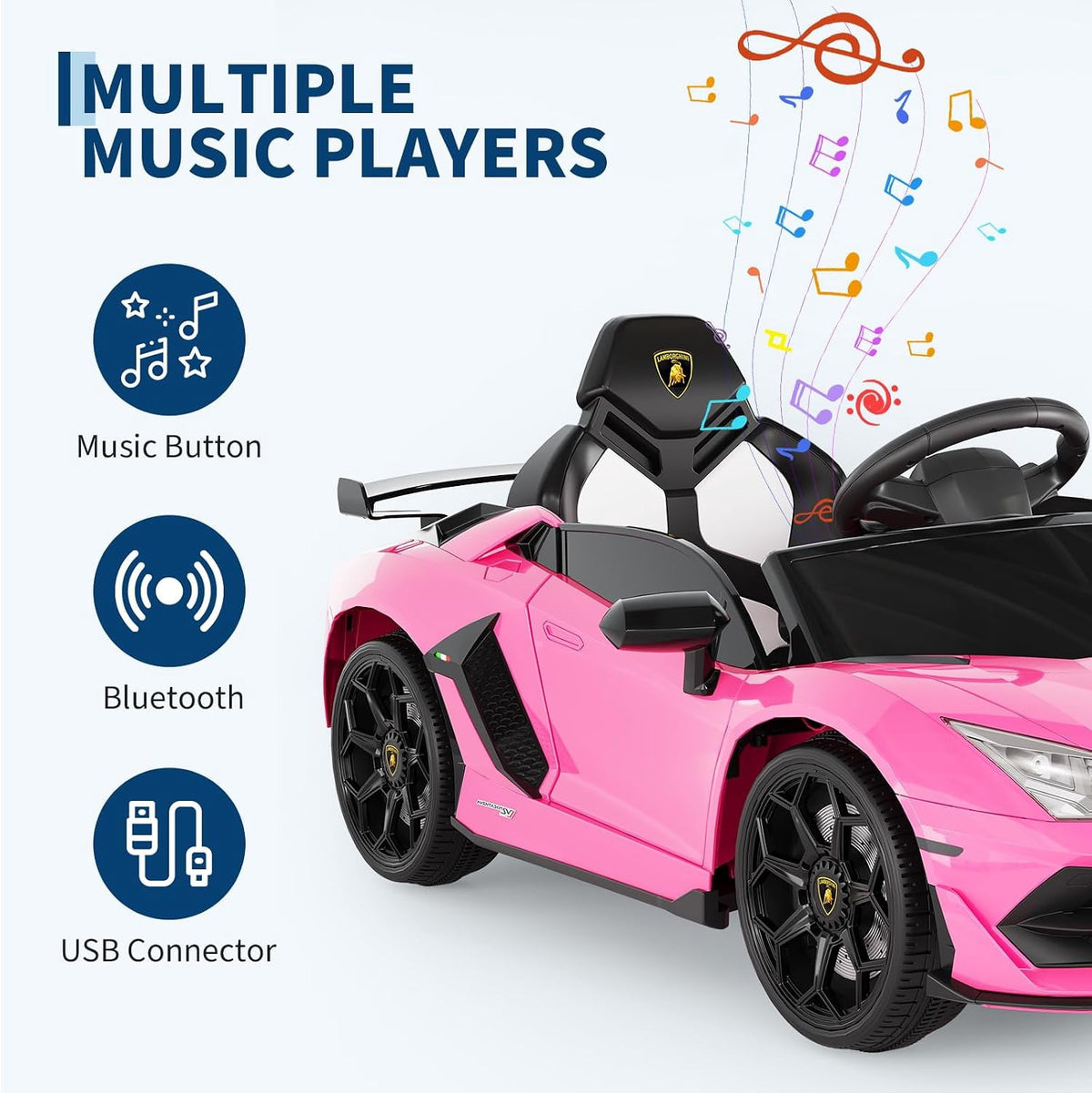 12V Licensed Lamborghini Ride-On Car with Remote Control, LED Lights, Engine Sounds, Bluetooth & USB, Battery Powered Electric Vehicle, Gift Toy for Ages 3-6,Pink
