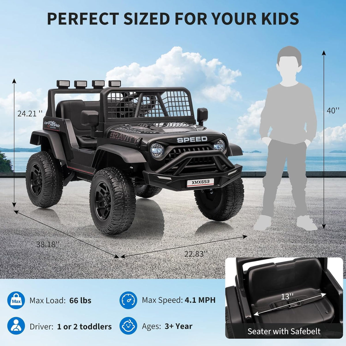 12V Ride-On Electric Car with Remote Control, Extra-Wide 13" Seat, 3 Speeds, 1.6-4.1 MPH, LED Lights, Music, USB, Safety Belt